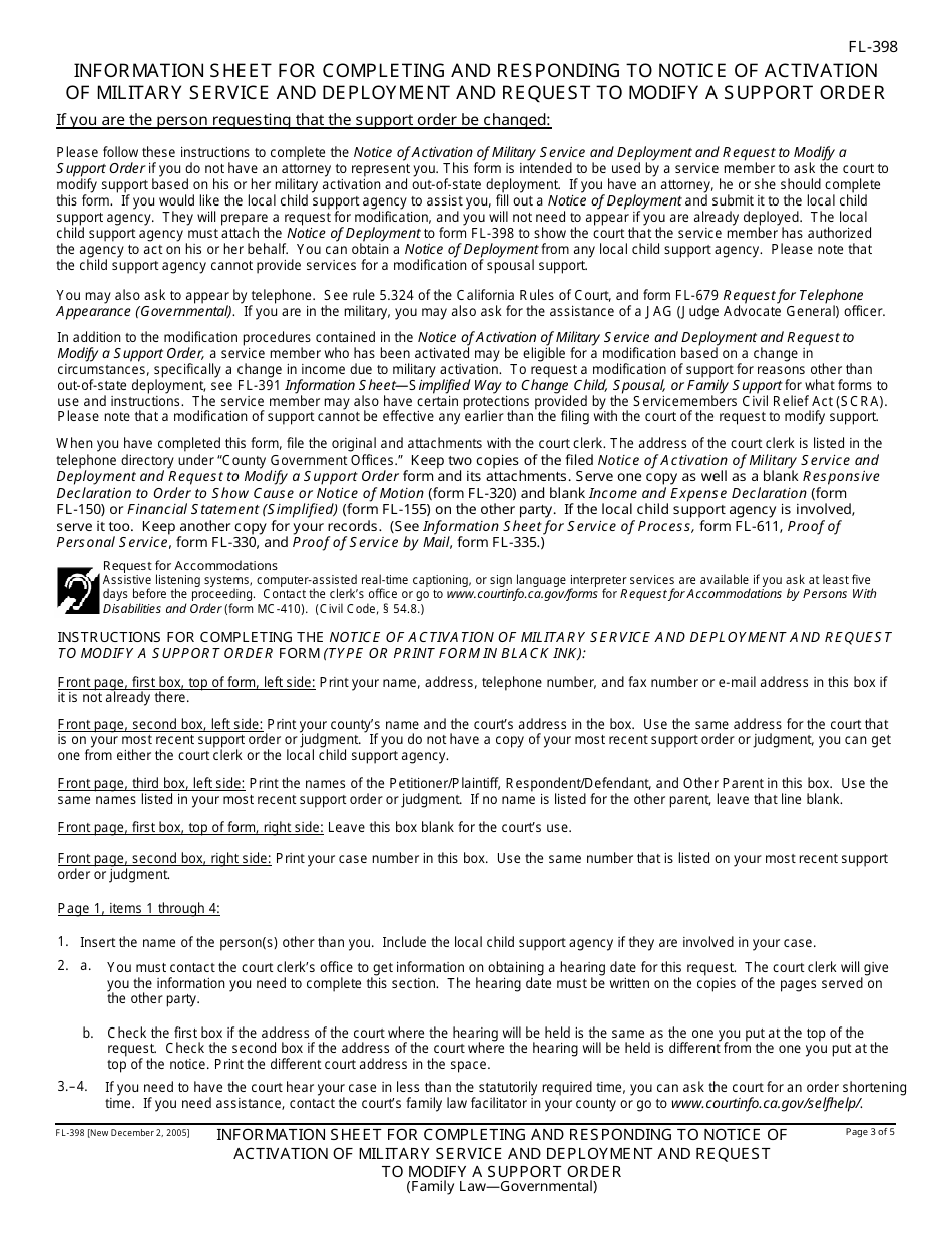 Form FL-398 Notice of Activation of Military Service and Deployment and Request to Modify a Support Order - California, Page 3
