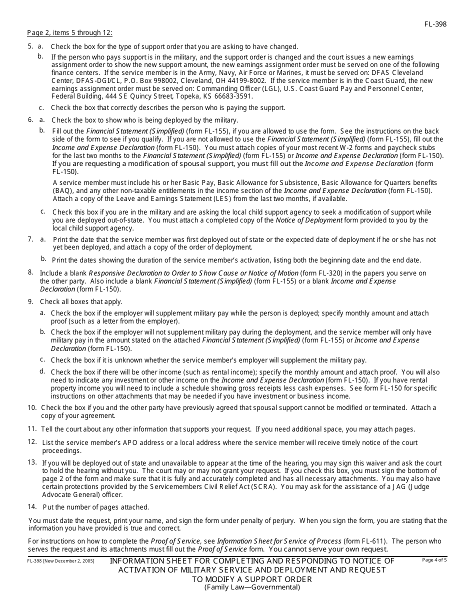 Form FL-398 Notice of Activation of Military Service and Deployment and Request to Modify a Support Order - California, Page 4