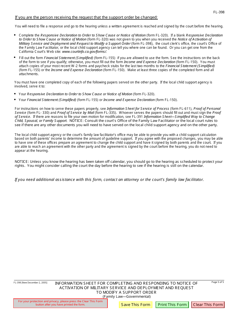 Form FL-398 Notice of Activation of Military Service and Deployment and Request to Modify a Support Order - California, Page 5