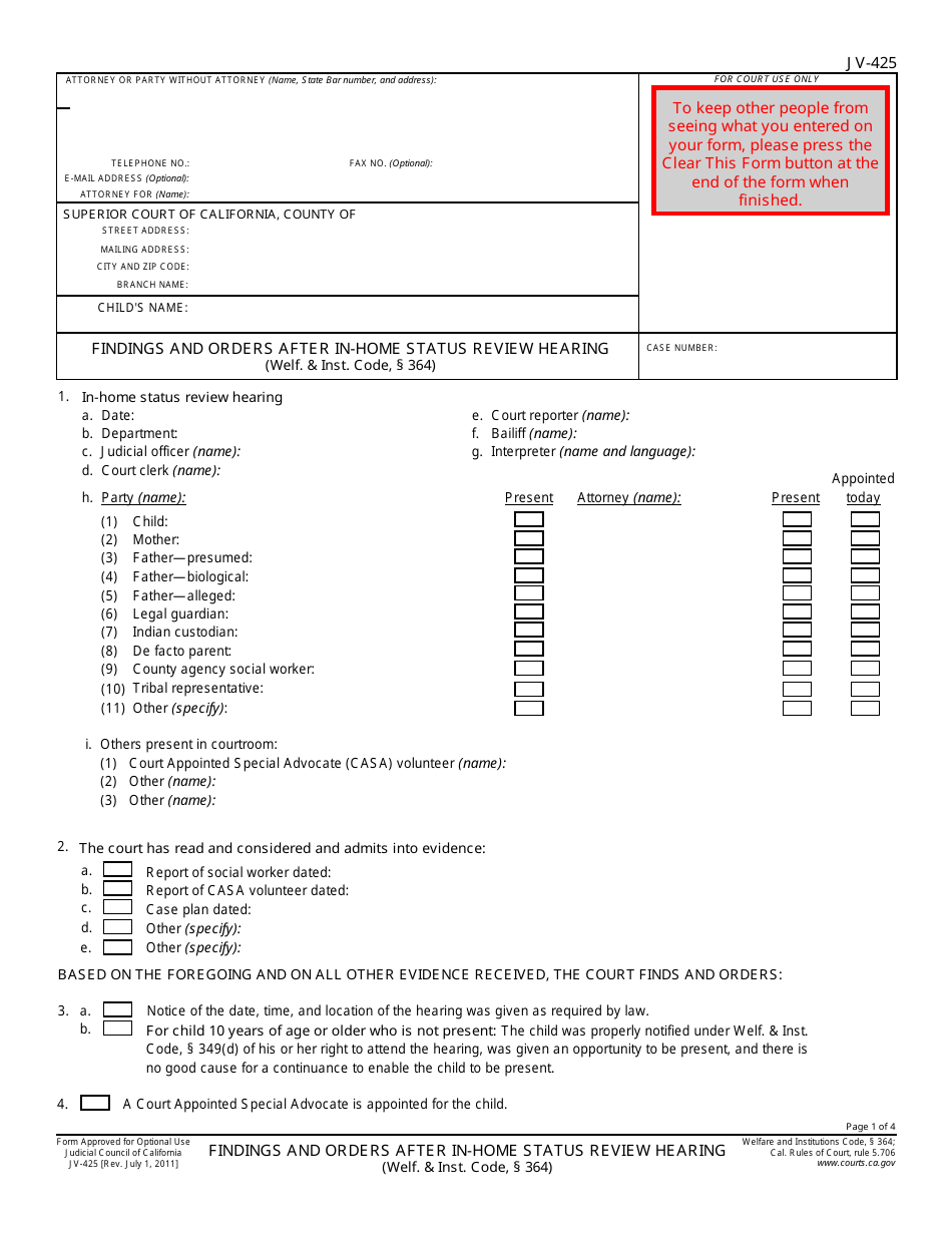 Form JV-425 - Fill Out, Sign Online and Download Fillable PDF ...