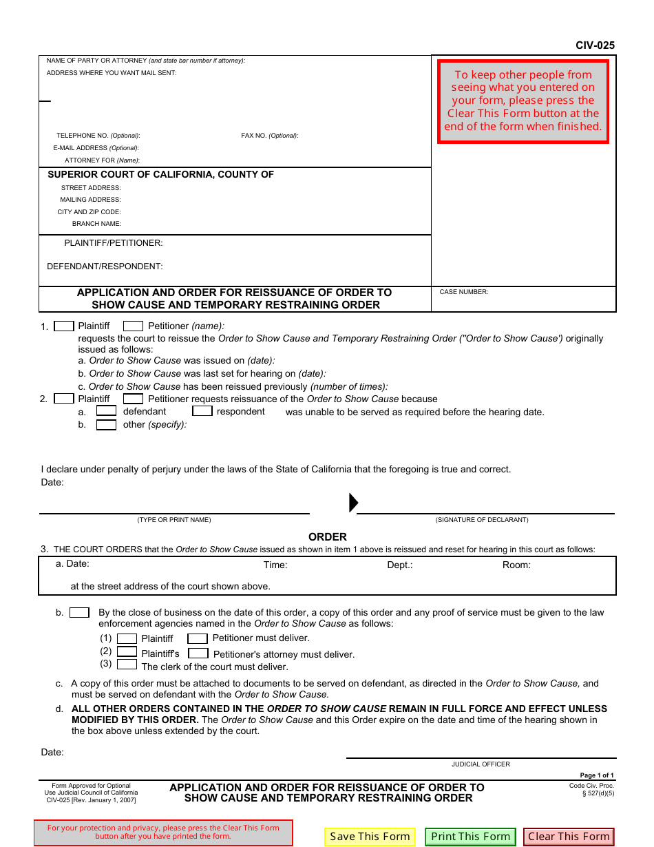 Form CIV-025 Application and Order for Reissuance of Order to Show Cause and Temporary Restraining Order - California, Page 1