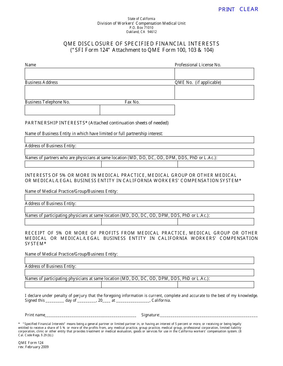 QME Form 124 Qme Disclosure of Specified Financial Interests - California, Page 1