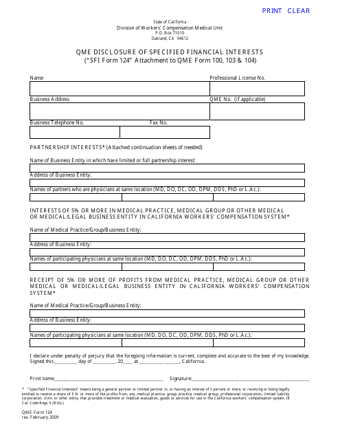 QME Form 124 Qme Disclosure of Specified Financial Interests - California