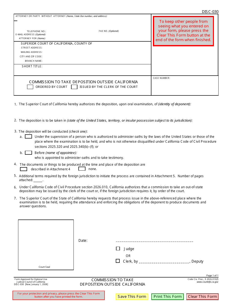 Form DISC-030 Commission to Take Deposition Outside California - California, Page 1