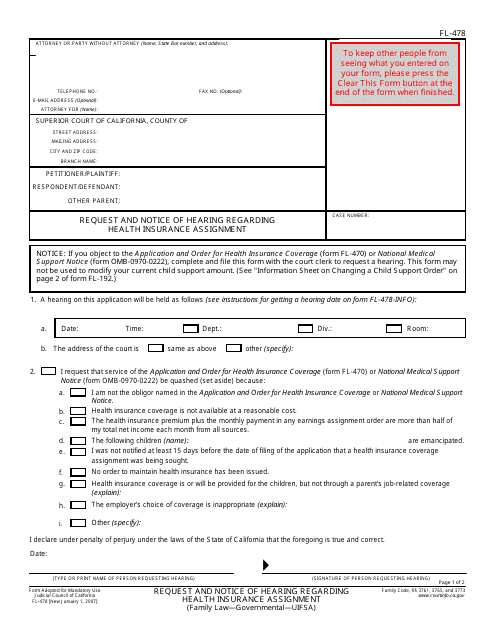 Form FL-478 Request and Notice of Hearing Regarding Health Insurance Assignment - California