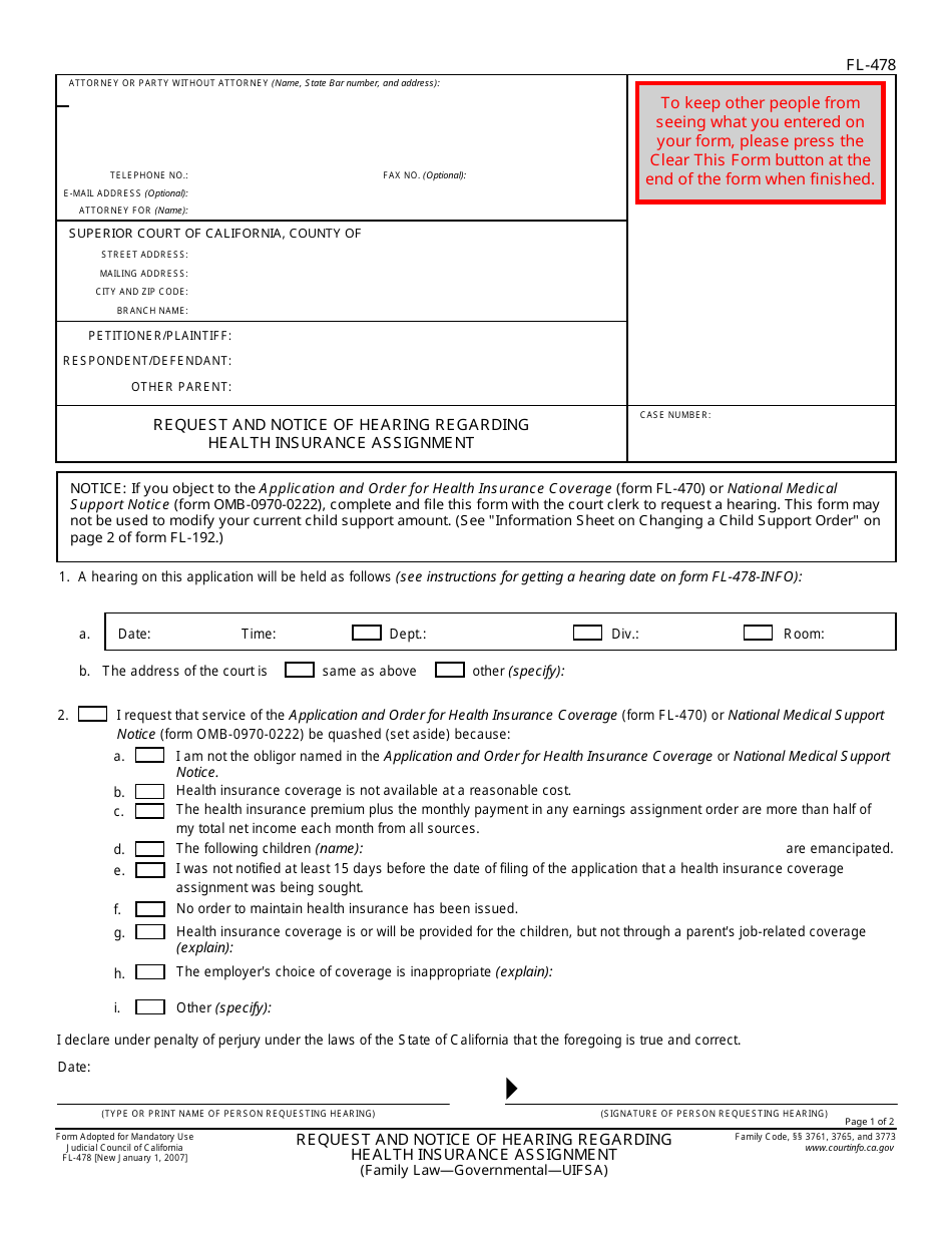 Form FL-478 Request and Notice of Hearing Regarding Health Insurance Assignment - California, Page 1