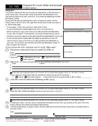 Document preview: Form SC-105 Request for Court Order and Answer (Small Claims) - California