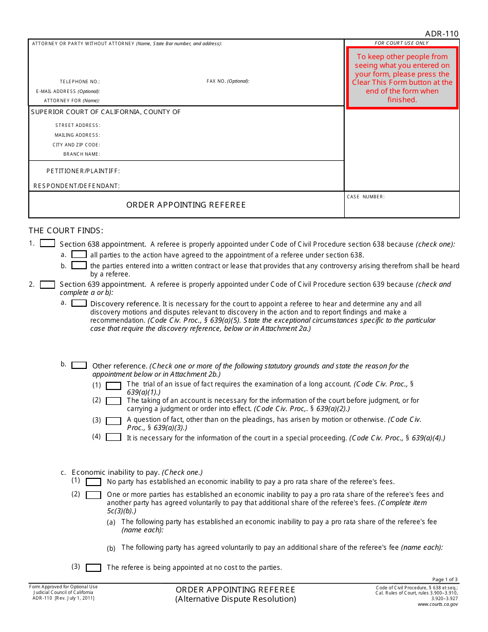Form ADR-110 Order Appointing Referee - California, Page 1