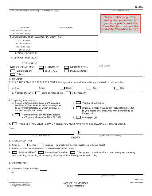 Form FL-680 Notice of Motion (Governmental) - California