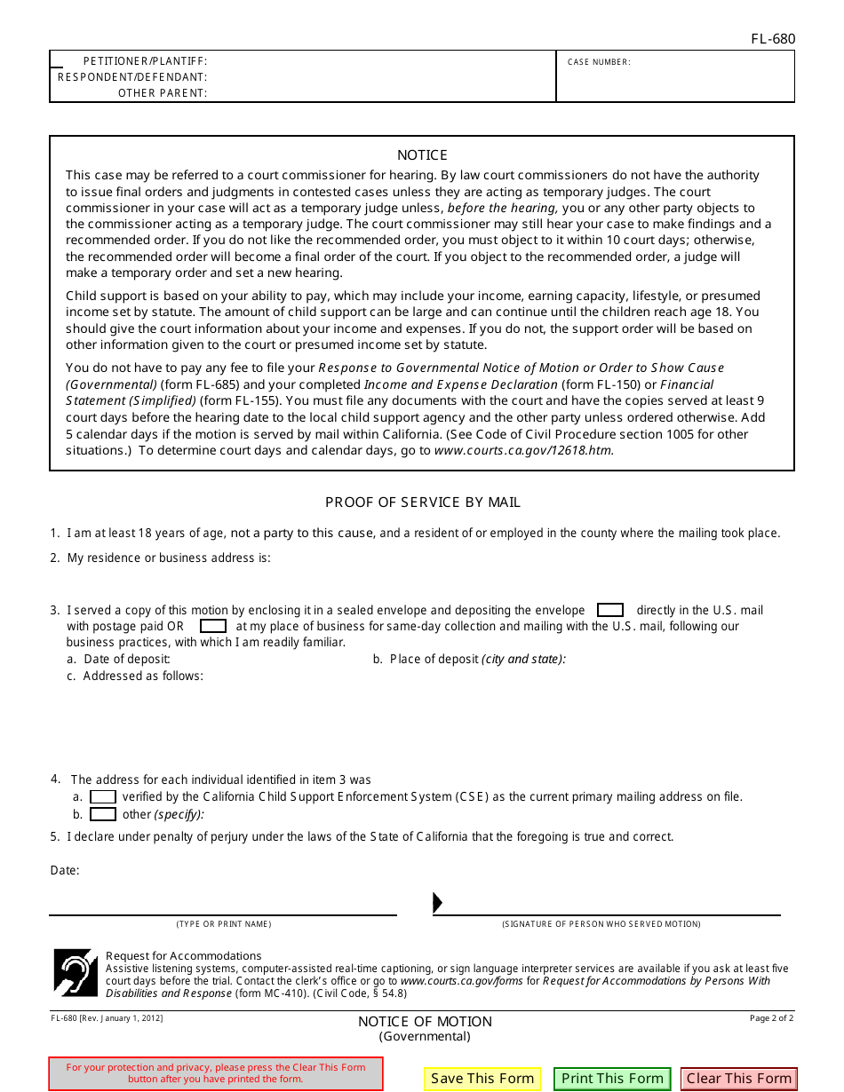 Form FL-680 Notice of Motion (Governmental) - California, Page 2
