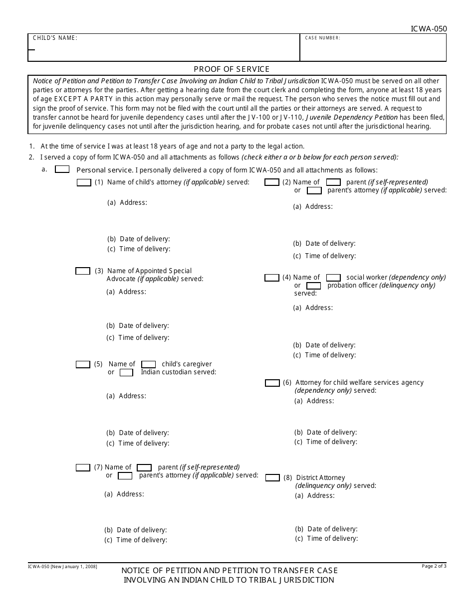 Form ICWA-050 Notice of Petition and Petition to Transfer Case Involving an Indian Child to Tribal Jurisdiction - California, Page 2