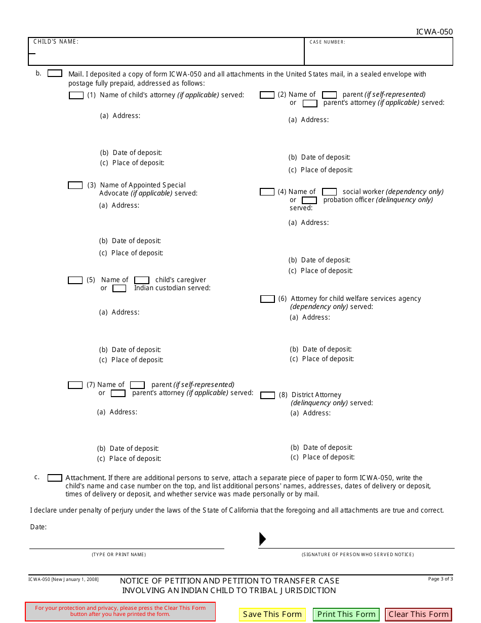 Form ICWA-050 Notice of Petition and Petition to Transfer Case Involving an Indian Child to Tribal Jurisdiction - California, Page 3