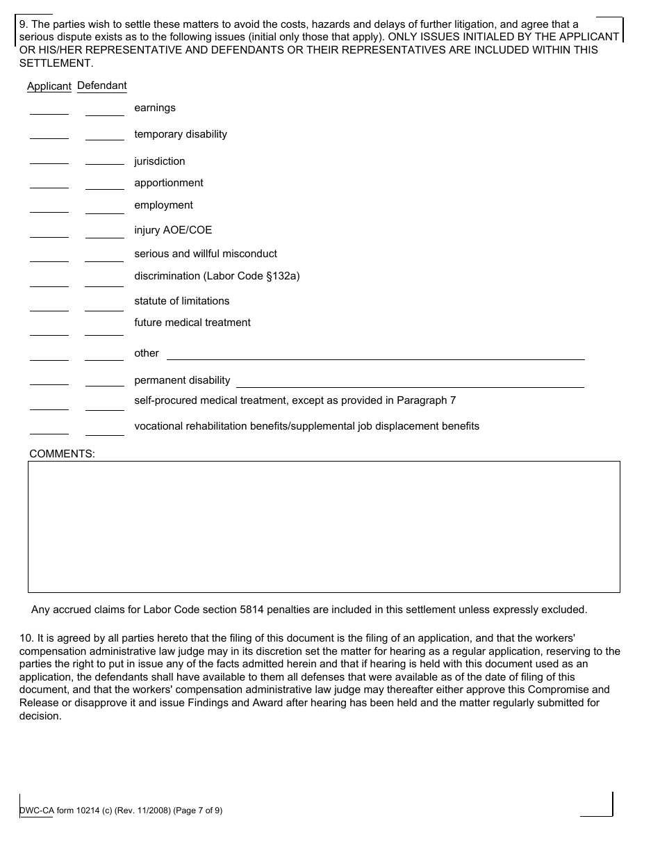 Form 10214 Compromise and Release - California, Page 7