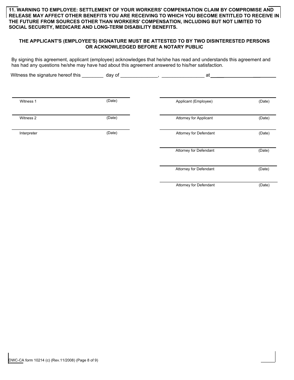 Form 10214 Compromise and Release - California, Page 8