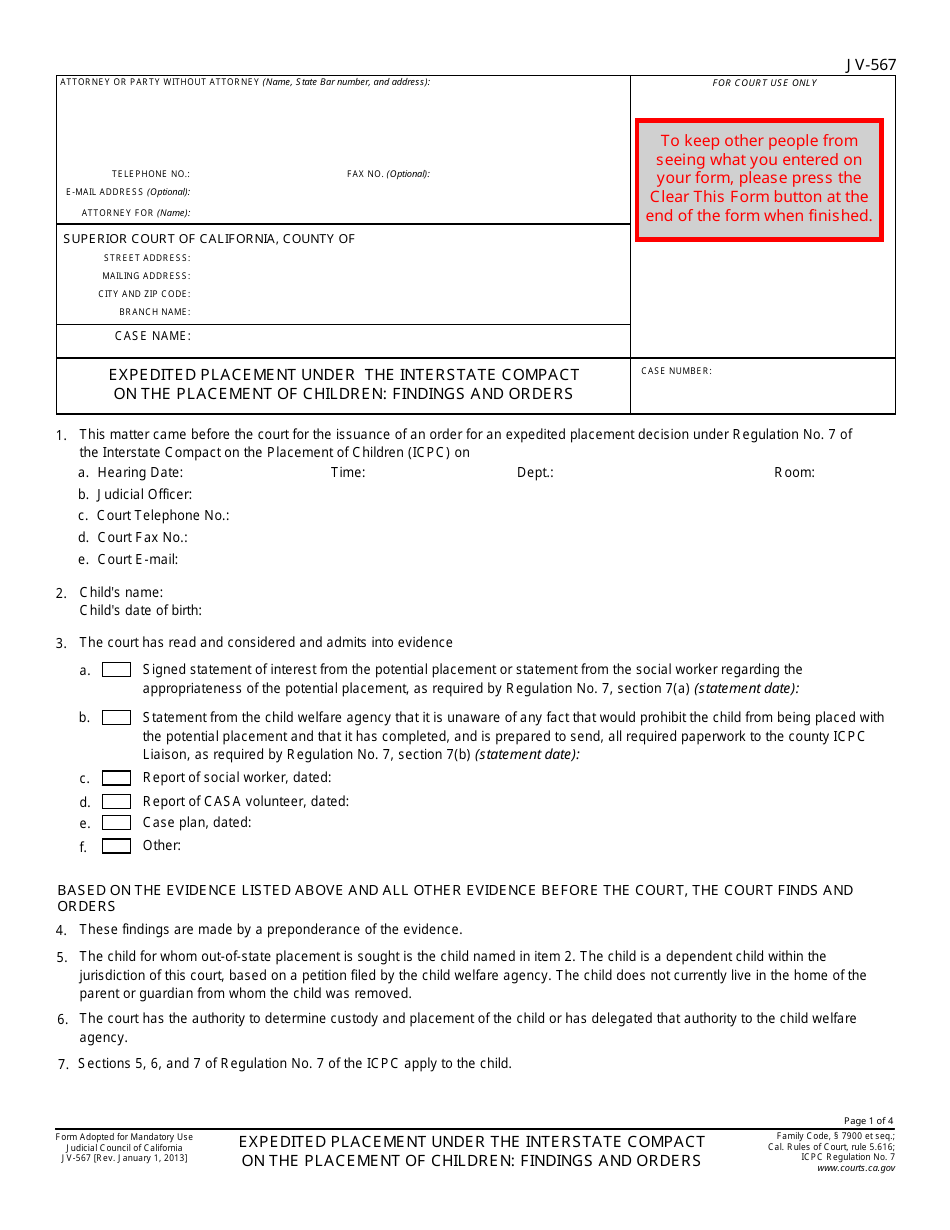 Form JV-567 - Fill Out, Sign Online and Download Fillable PDF ...