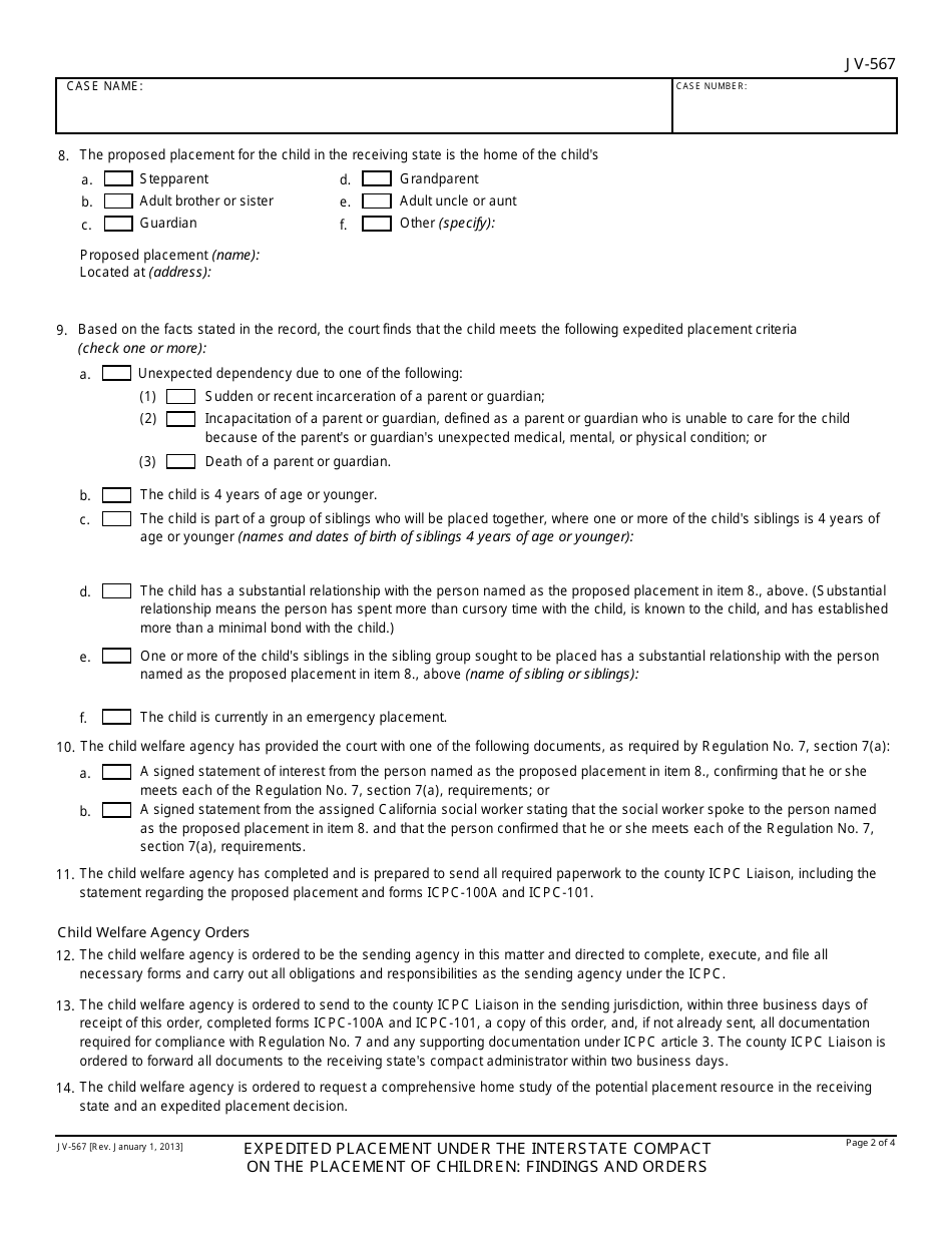 Form JV-567 Expedited Placement Under the Interstate Compact on the Placement of Children: Findings and Orders - California, Page 2