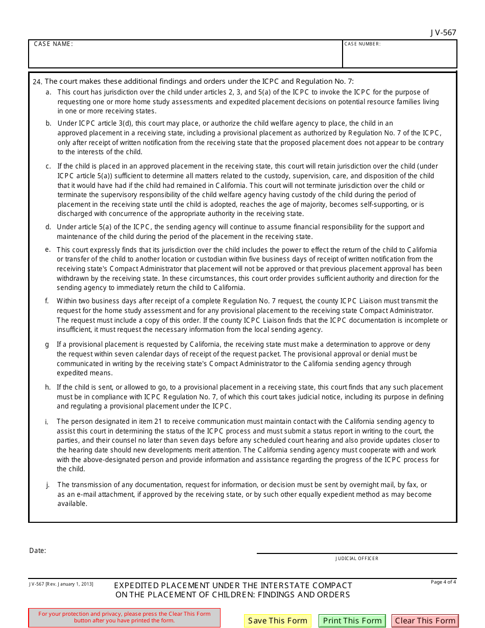 Form JV-567 Expedited Placement Under the Interstate Compact on the Placement of Children: Findings and Orders - California, Page 4