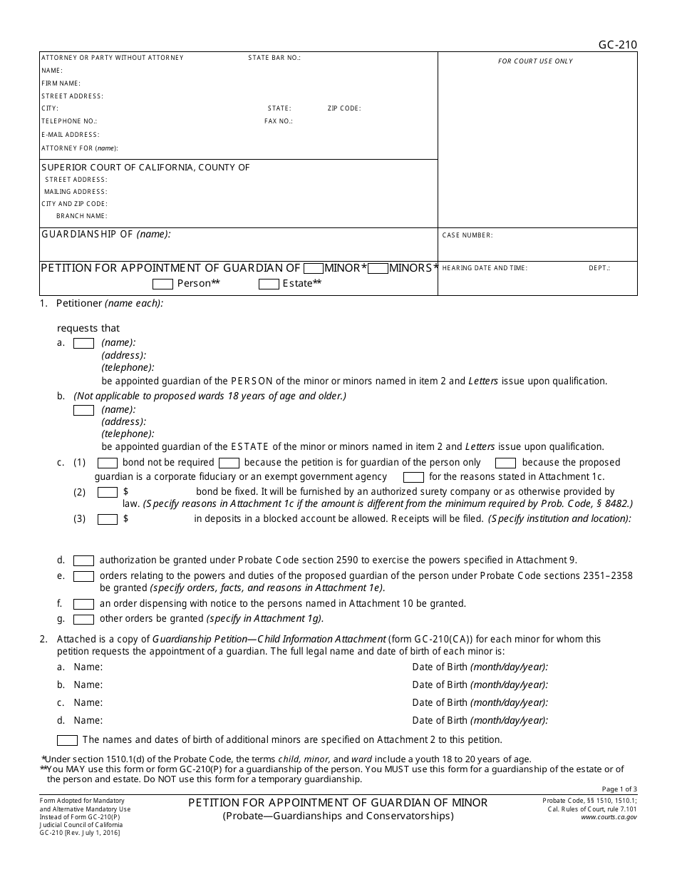 Form GC-210 Petition for Appointment of Guardian of Minor - California, Page 1