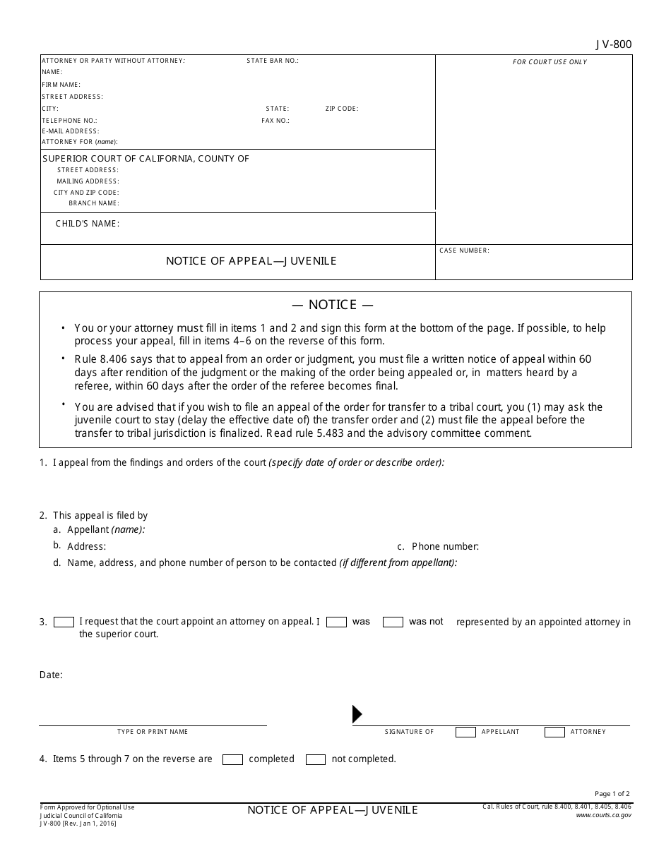 Form JV-800 Notice of Appeal - Juvenile - California, Page 1