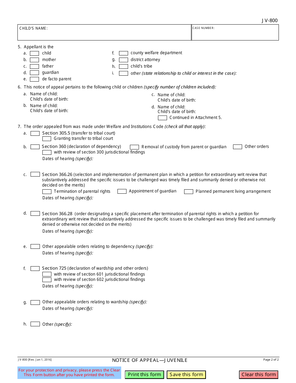 Form JV-800 Notice of Appeal - Juvenile - California, Page 2