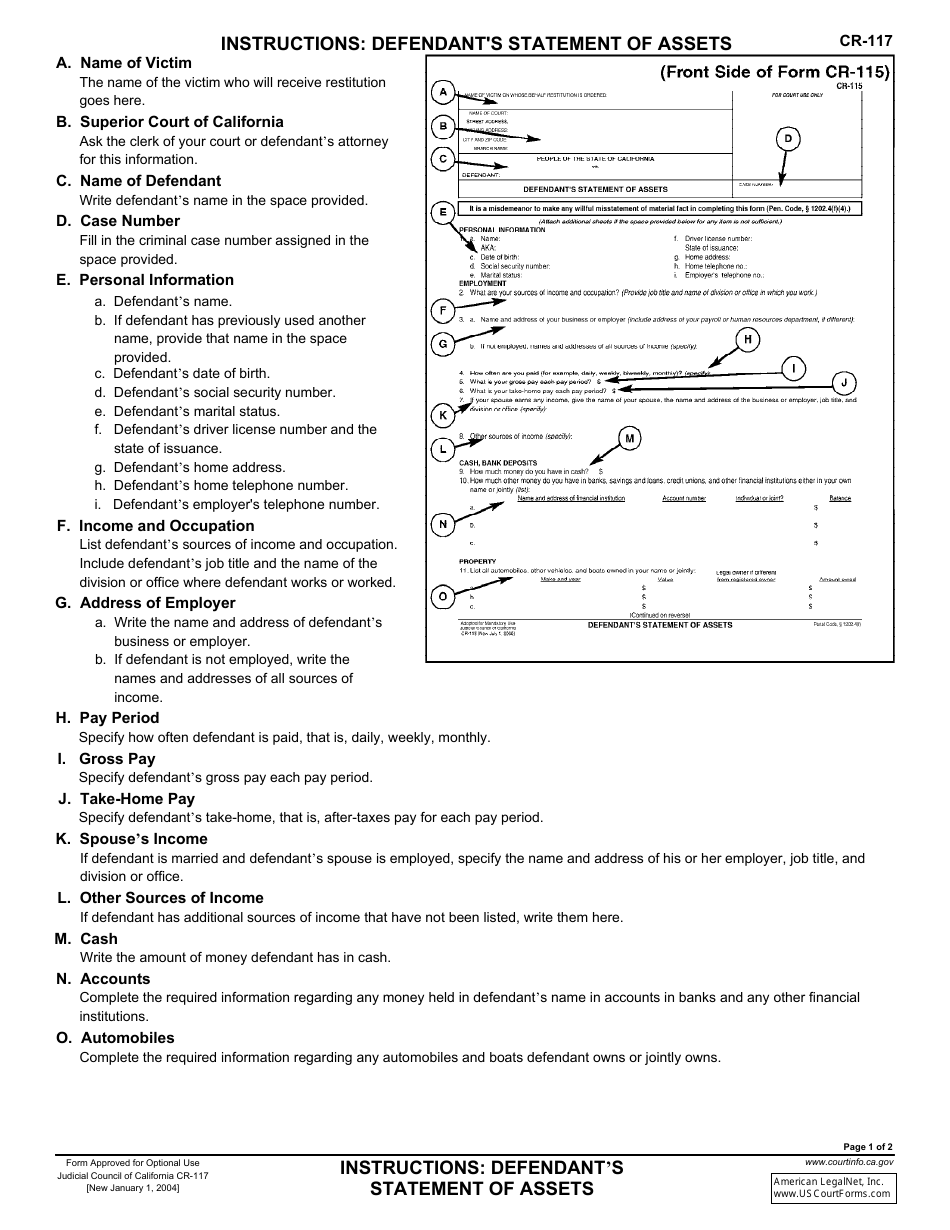 Instructions for Form CR-115 Defendants Statement of Assets - California, Page 1