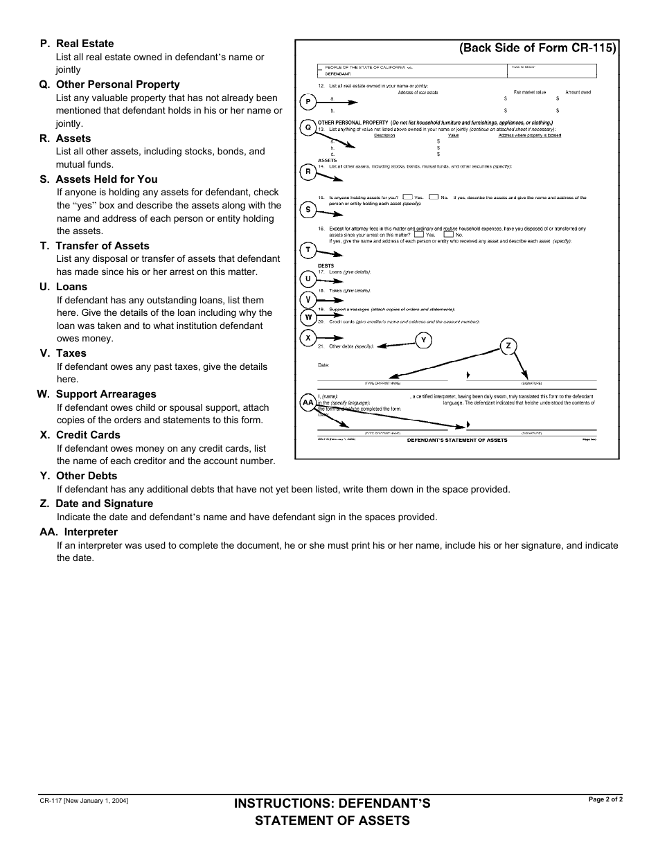 Instructions for Form CR-115 Defendants Statement of Assets - California, Page 2