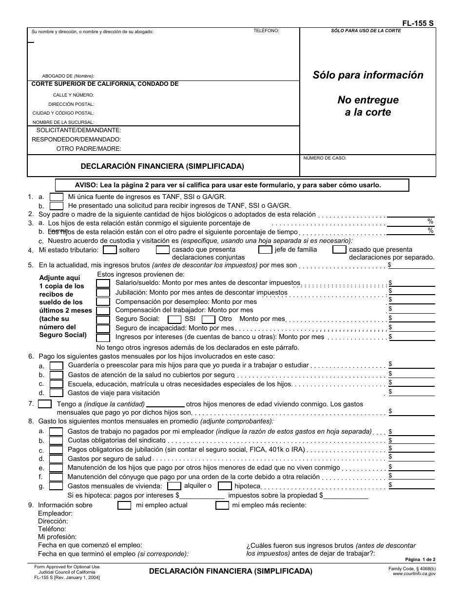 Formulario FL-155 S Declaracion Financiera (Simplificada) - California (Spanish), Page 1