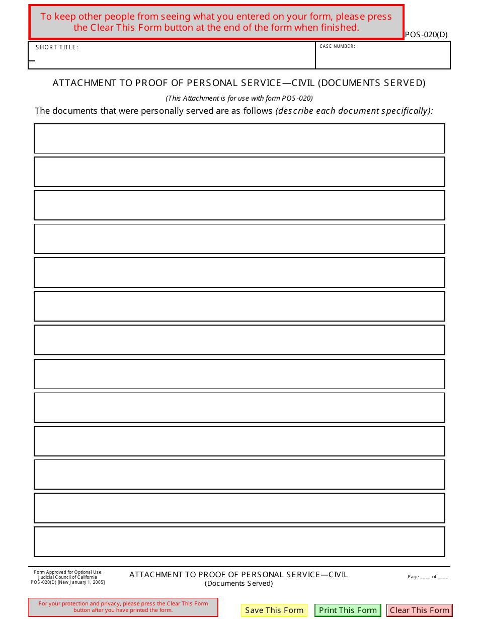 Form POS-020(D) Attachment to Proof of Personal Service - Civil (Documents Served) - California, Page 1
