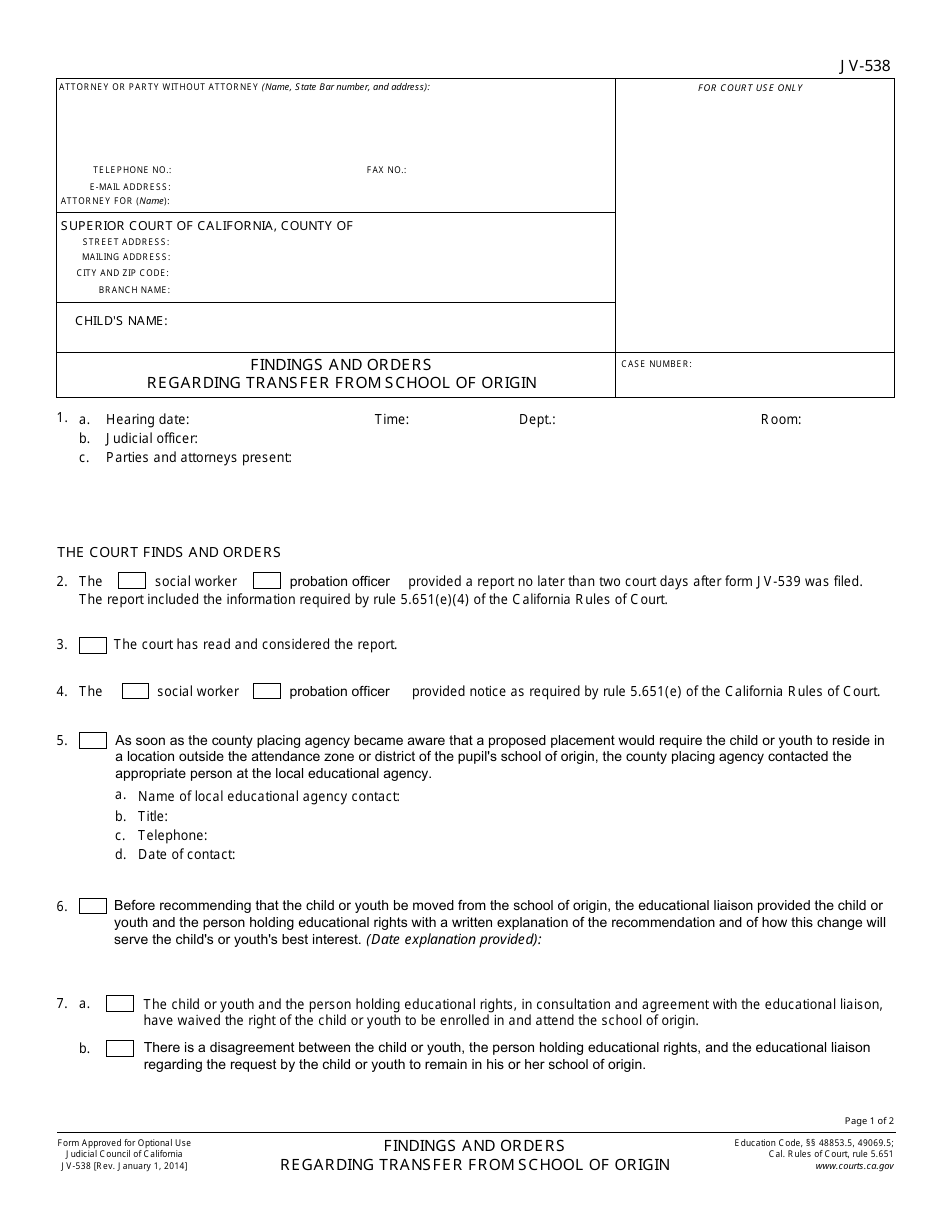 Form JV-538 Findings and Orders Regarding Transfer From School of Origin - California, Page 1