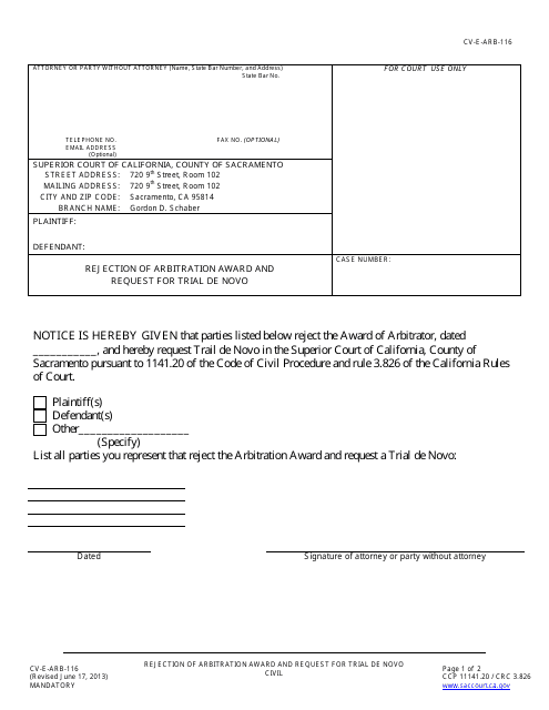 Form CV-E-ARB-116 Rejection of Arbitration Award and Request for Trial De Novo - Sacramento County, California
