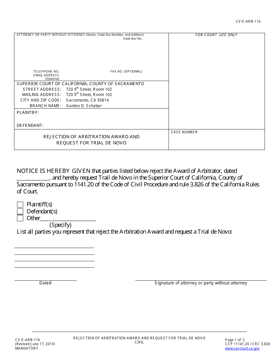 Form CV-E-ARB-116 Rejection of Arbitration Award and Request for Trial De Novo - Sacramento County, California, Page 1