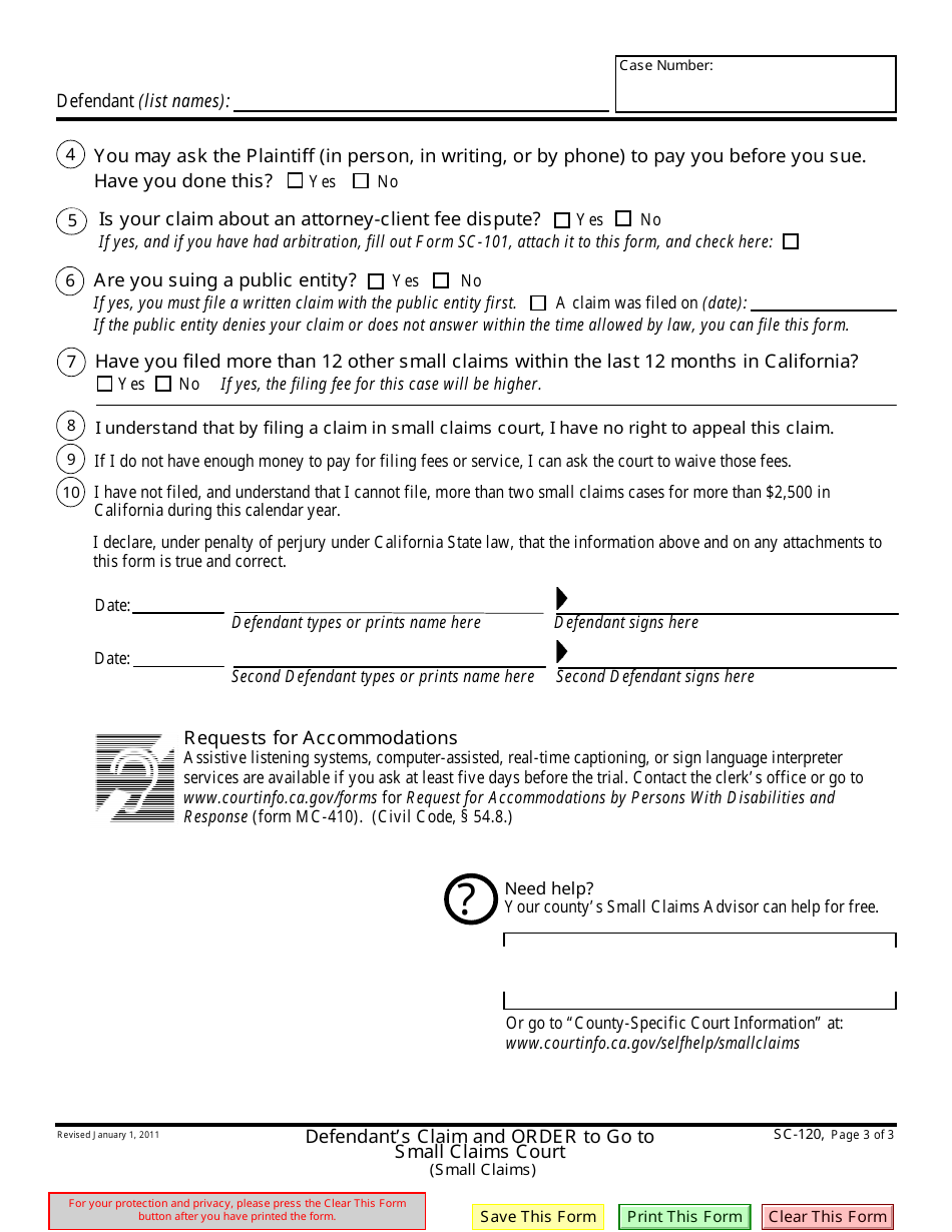Form SC-120 Defendants Claim and Order to Go to Small Claims Court - California, Page 3