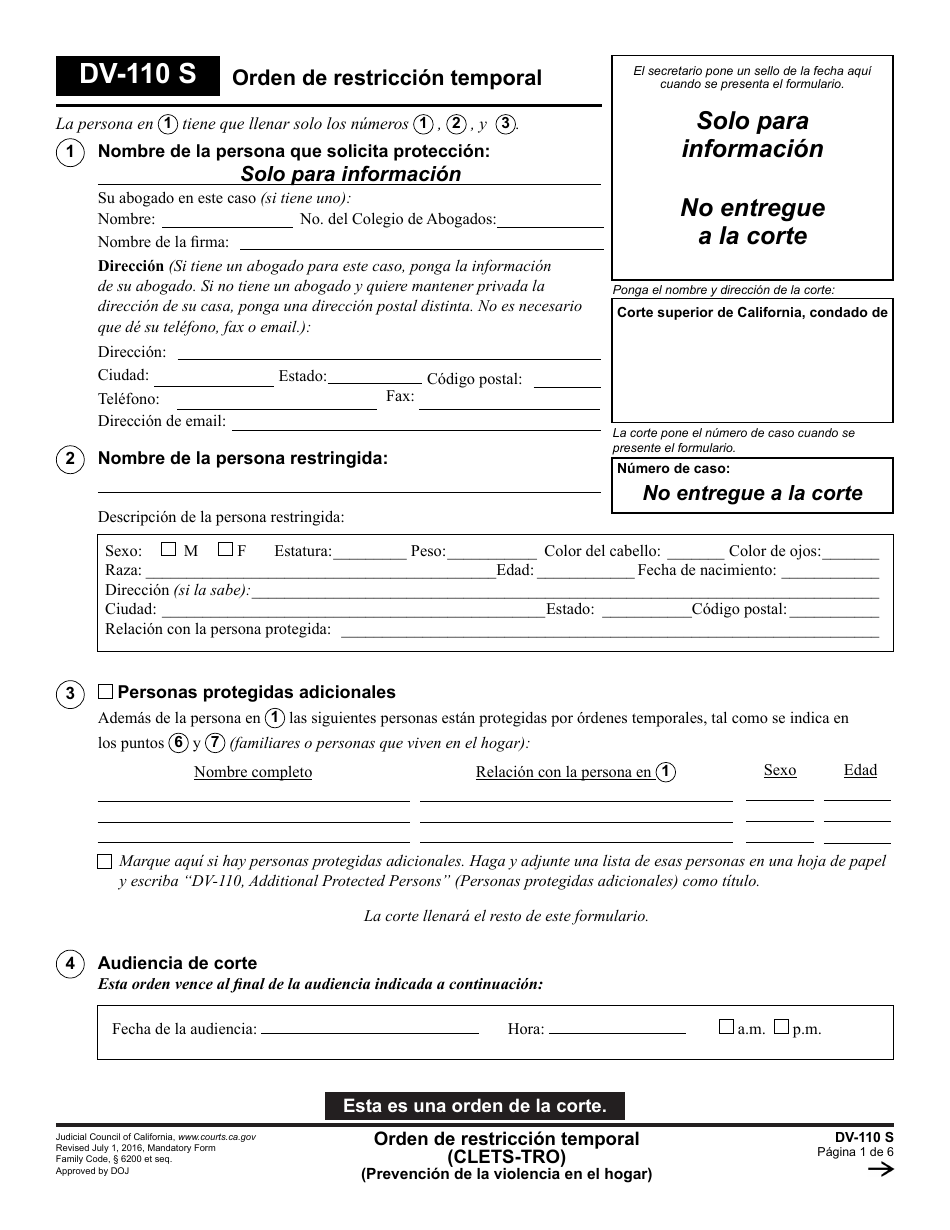 Formulario DV-110 S Orden De Restriccion Temporal - California (Spanish), Page 1