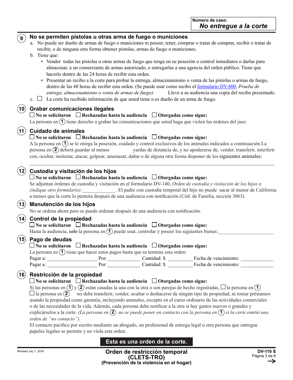Formulario DV-110 S Orden De Restriccion Temporal - California (Spanish), Page 3