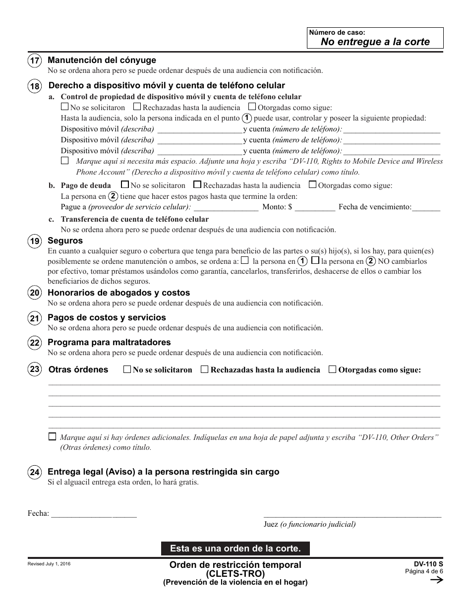 Formulario DV-110 S Orden De Restriccion Temporal - California (Spanish), Page 4
