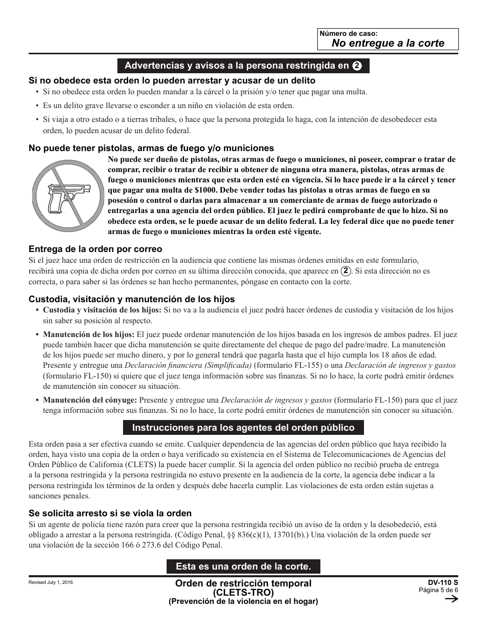Formulario DV-110 S Orden De Restriccion Temporal - California (Spanish), Page 5