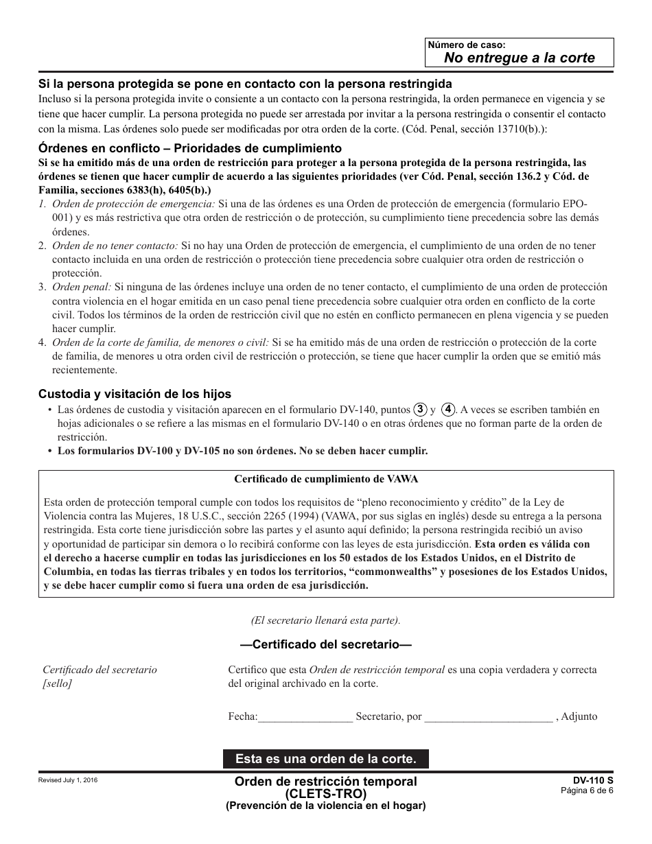 Formulario DV-110 S Orden De Restriccion Temporal - California (Spanish), Page 6