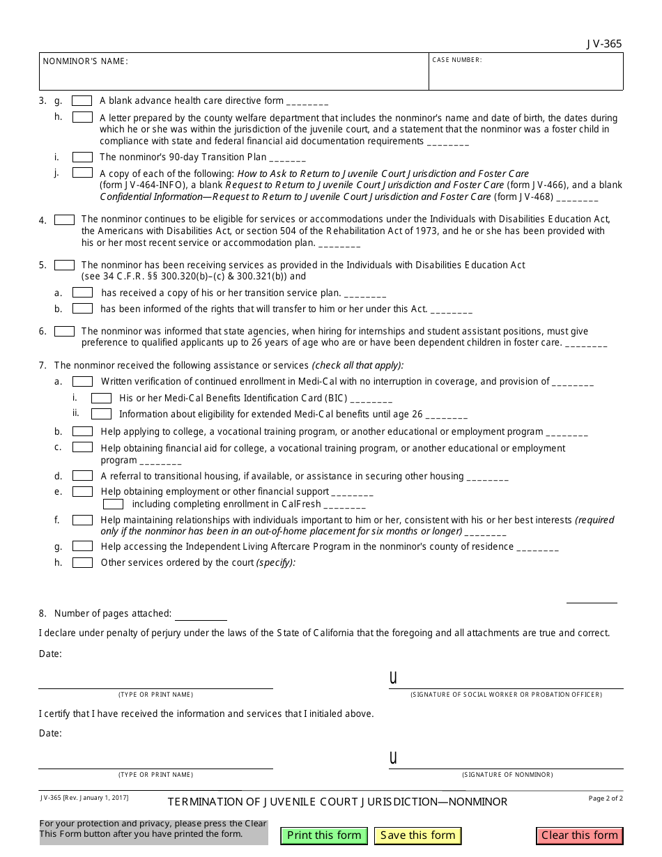 Form JV-365 Termination of Juvenile Court Jurisdiction - Nonminor - California, Page 2