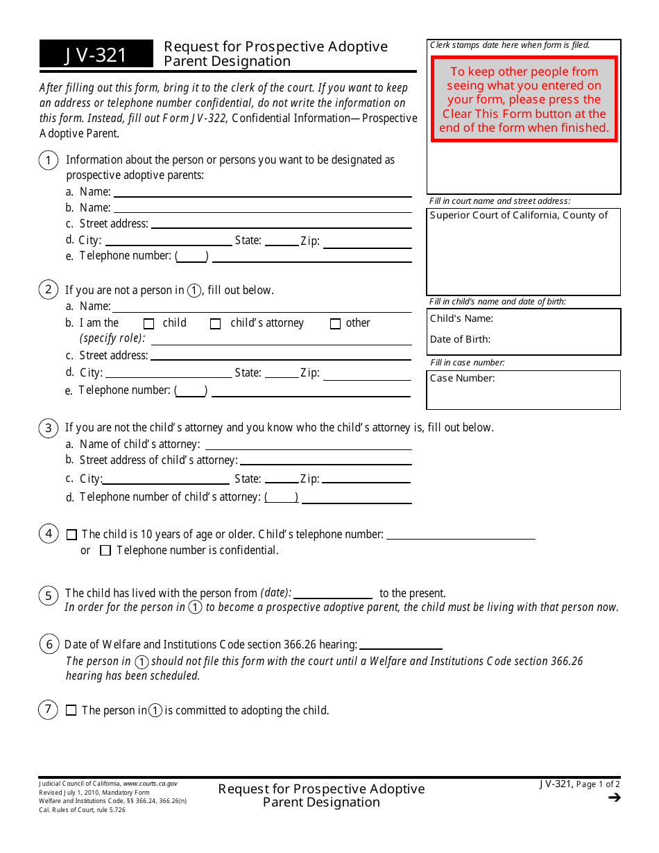 Form JV-321 Request for Prospective Adoptive Parent Designation - California, Page 1
