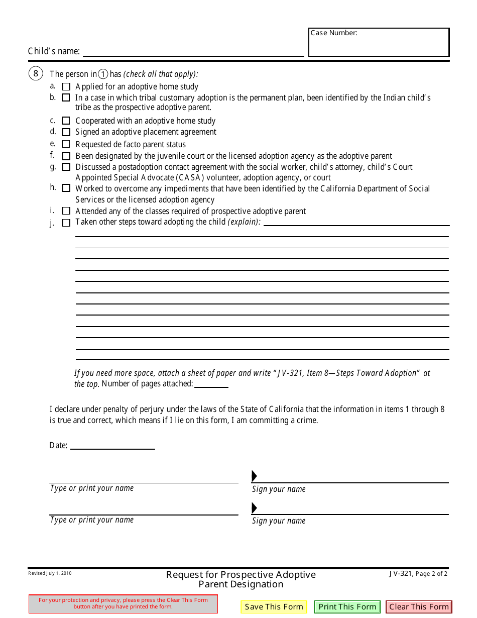 Form JV-321 Request for Prospective Adoptive Parent Designation - California, Page 2
