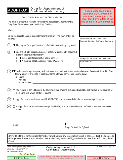 Form ADOPT-331 Order for Appointment of Confidential Intermediary - California