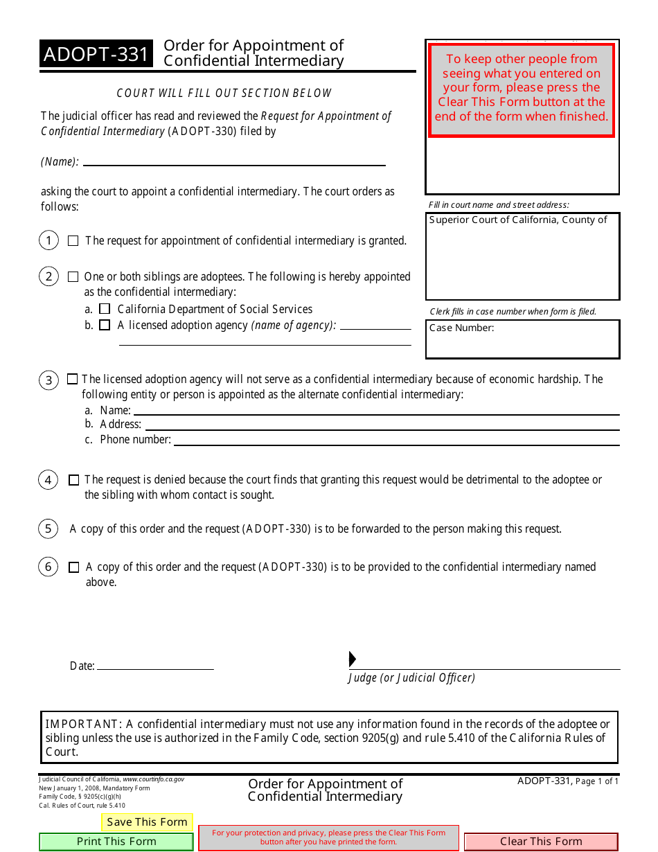 Form ADOPT-331 Order for Appointment of Confidential Intermediary - California, Page 1