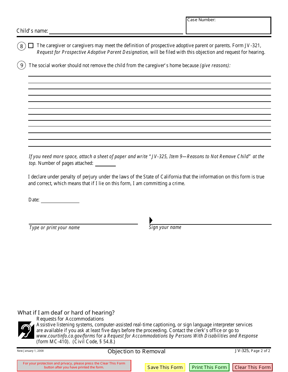Form JV-325 Objection to Removal - California, Page 2