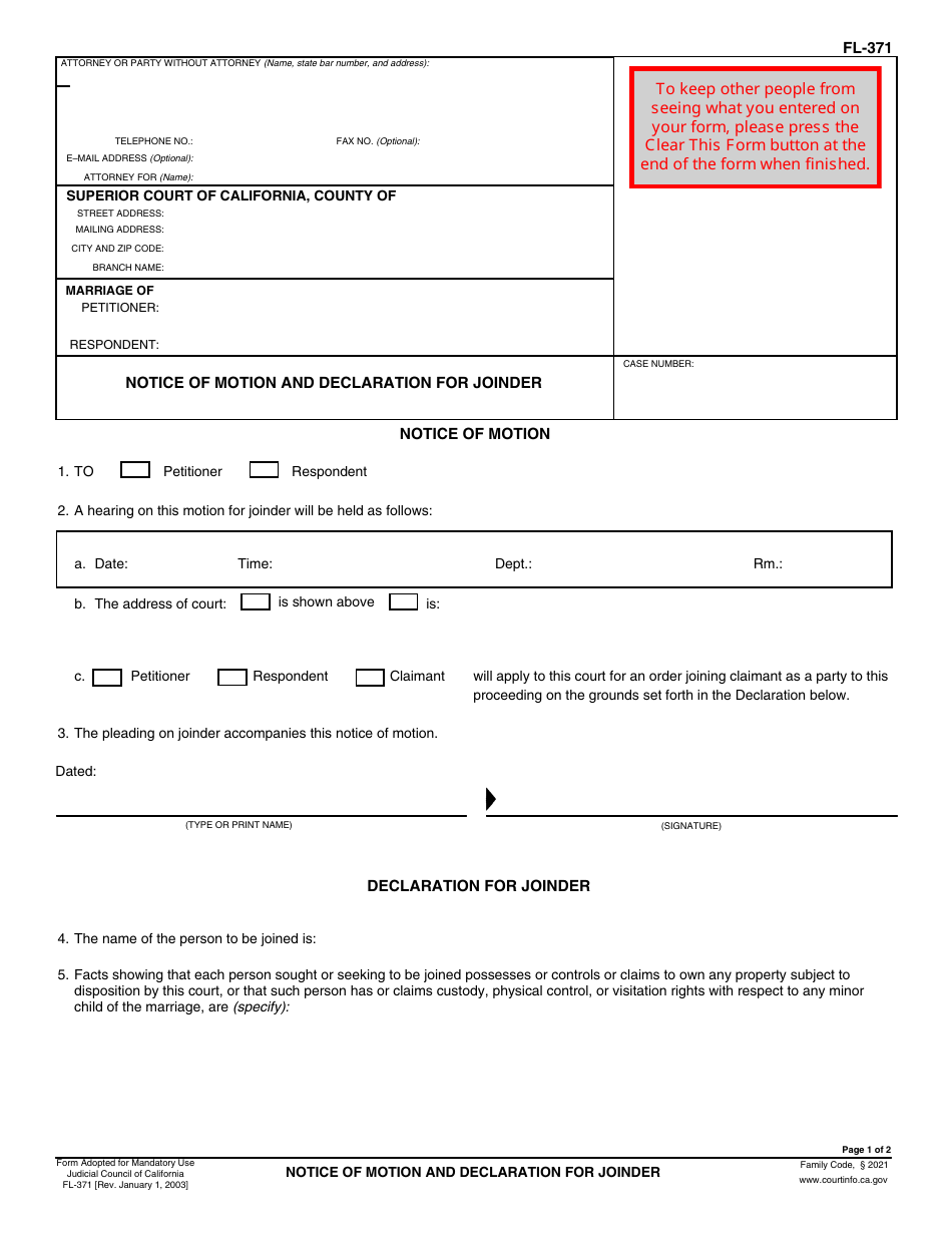 Form FL-371 Notice of Motion and Declaration for Joinder - California, Page 1