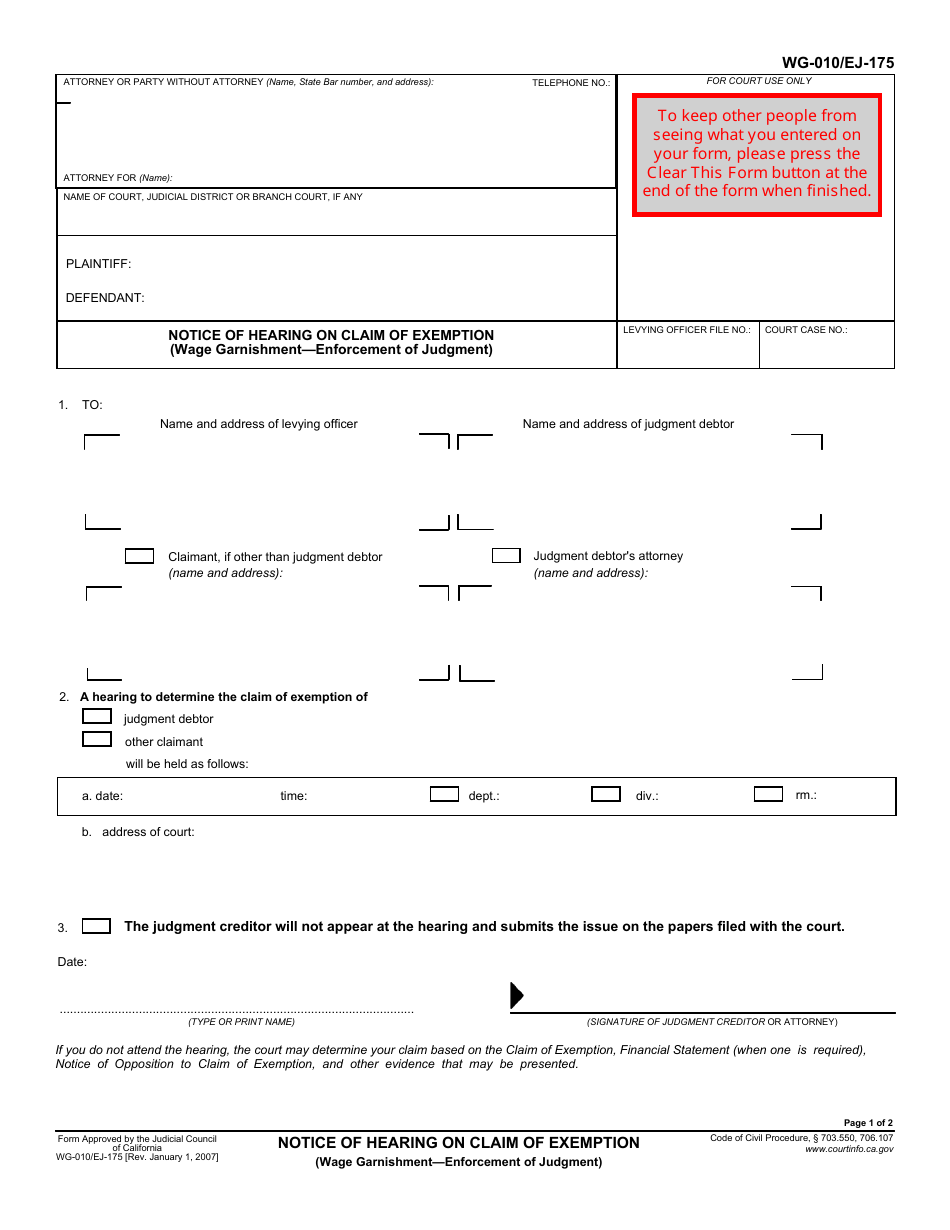 Form WG-010 (EJ-175) - Fill Out, Sign Online and Download Fillable PDF ...