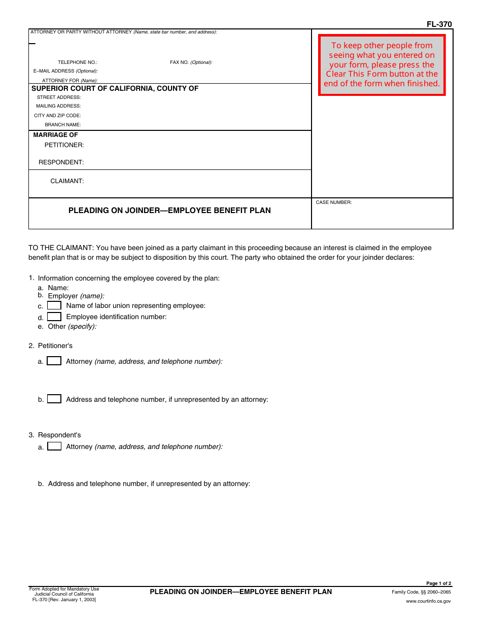 Form FL-370 Pleading on Joinder - Employees Benefit Plan - California, Page 1