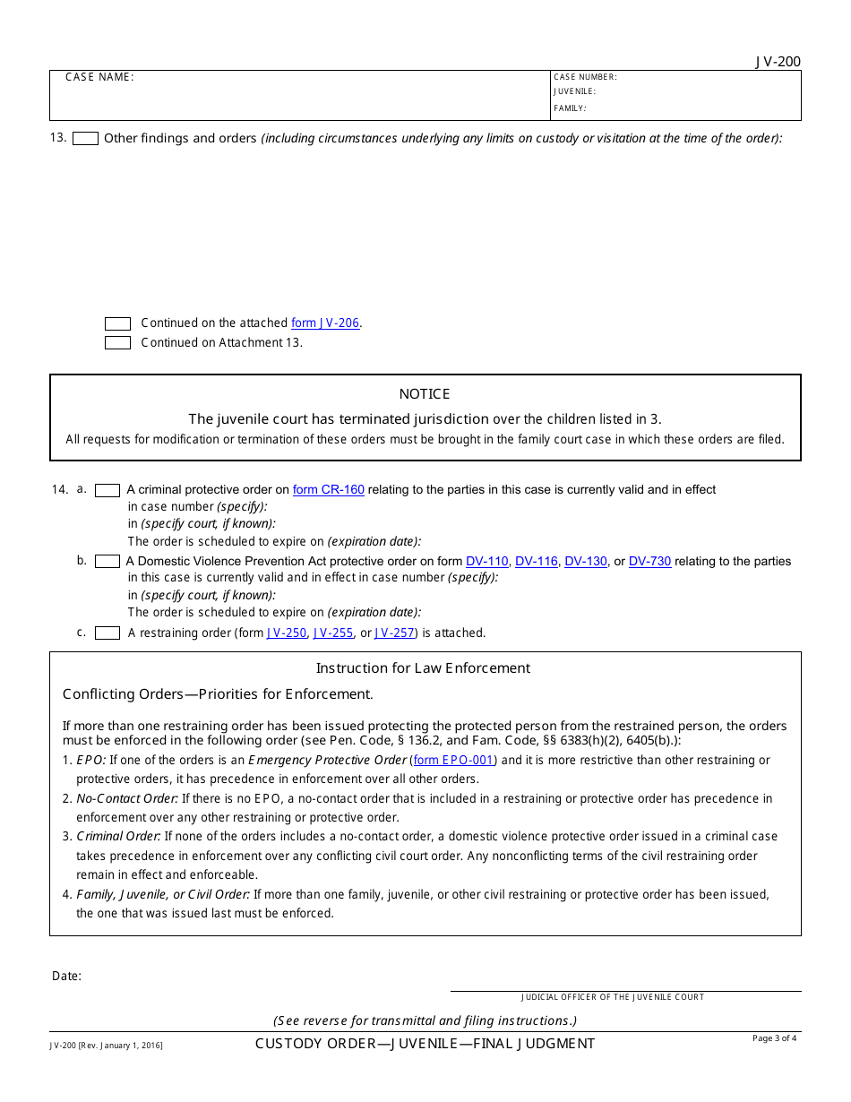 Form JV-200 Custody Order-Juvenile-Final Judgment - California, Page 3