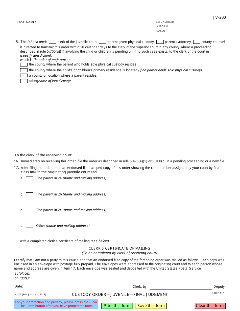Form JV-200 Custody Order-Juvenile-Final Judgment - California, Page 4
