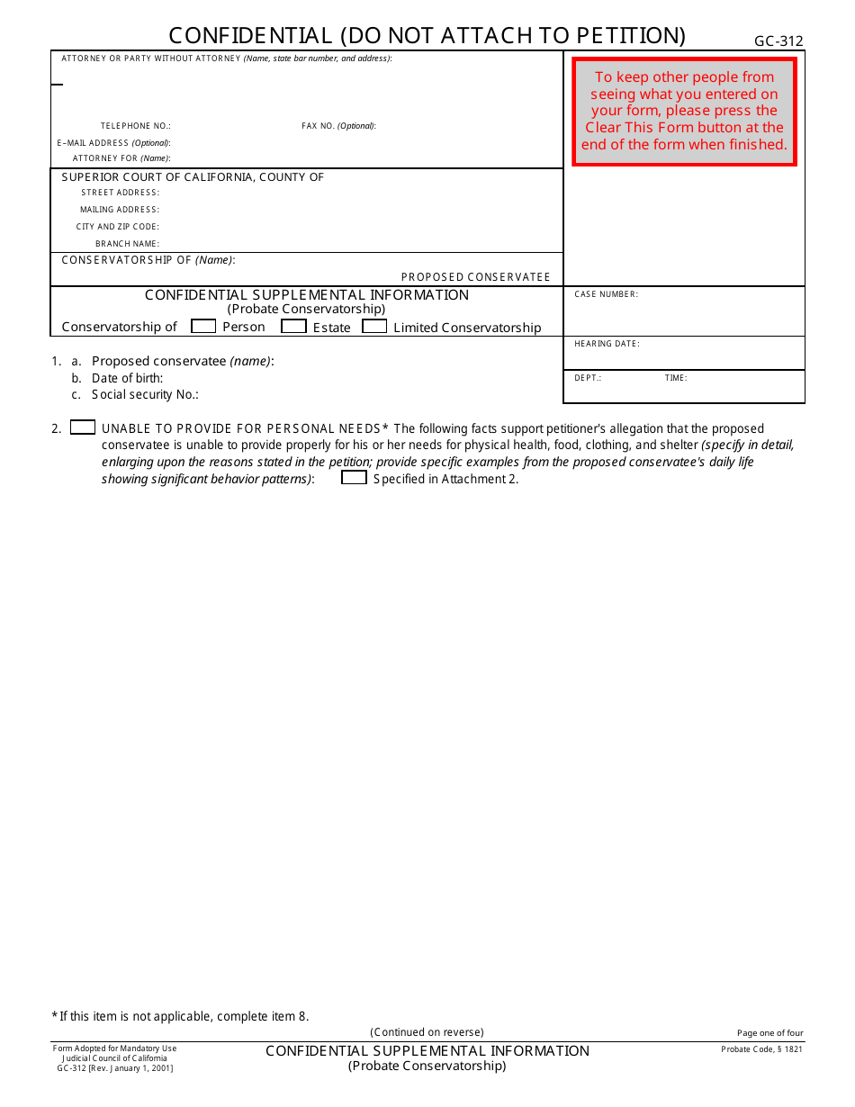 Form GC-312 Confidential Supplemental Information (Probate Conservatorship) - California, Page 1