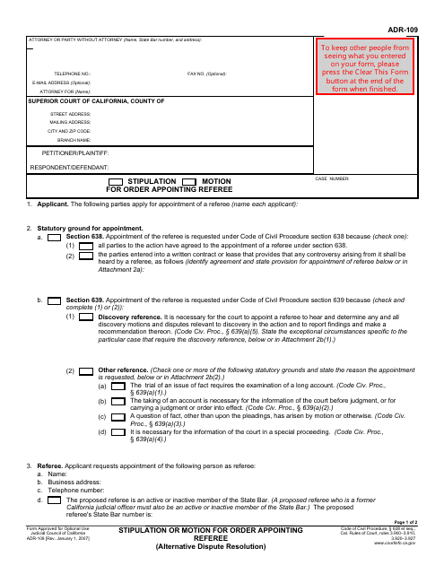 Form ADR-109 Stipulation or Motion for Order Appointing Referee - California